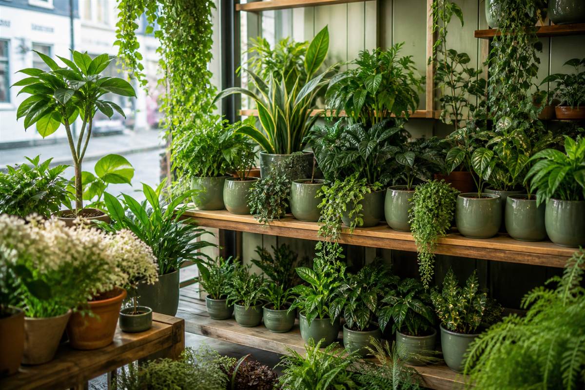 Assorted garden plants on nursery shelves